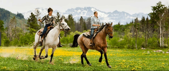 Confident plus-size woman riding Somerset a horse through a field with a smile on her face.